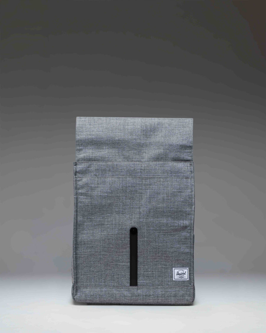 Herschel Supply Co. City Backpack in Raven Crosshatch grey, showing the clean, classic design and single strap closure.