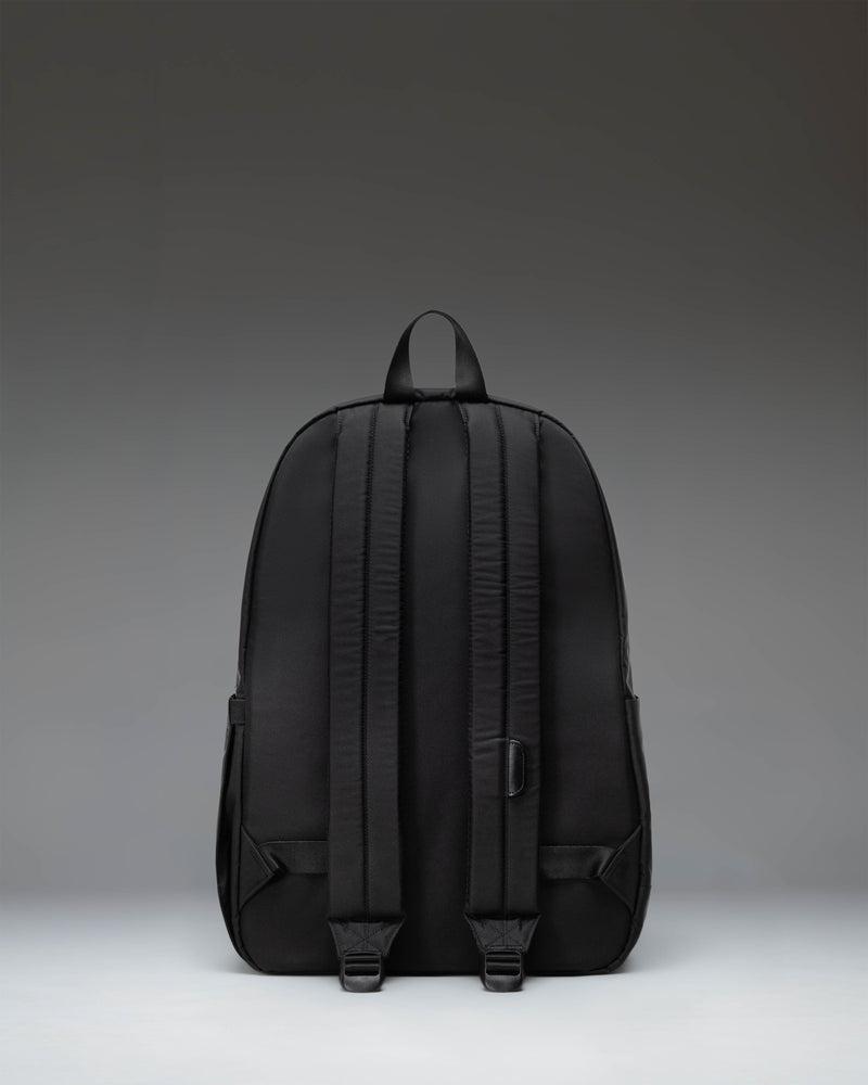 Herschel Supply Co. Heritage Backpack in black, showing the back panel, padded shoulder straps, and top handle.