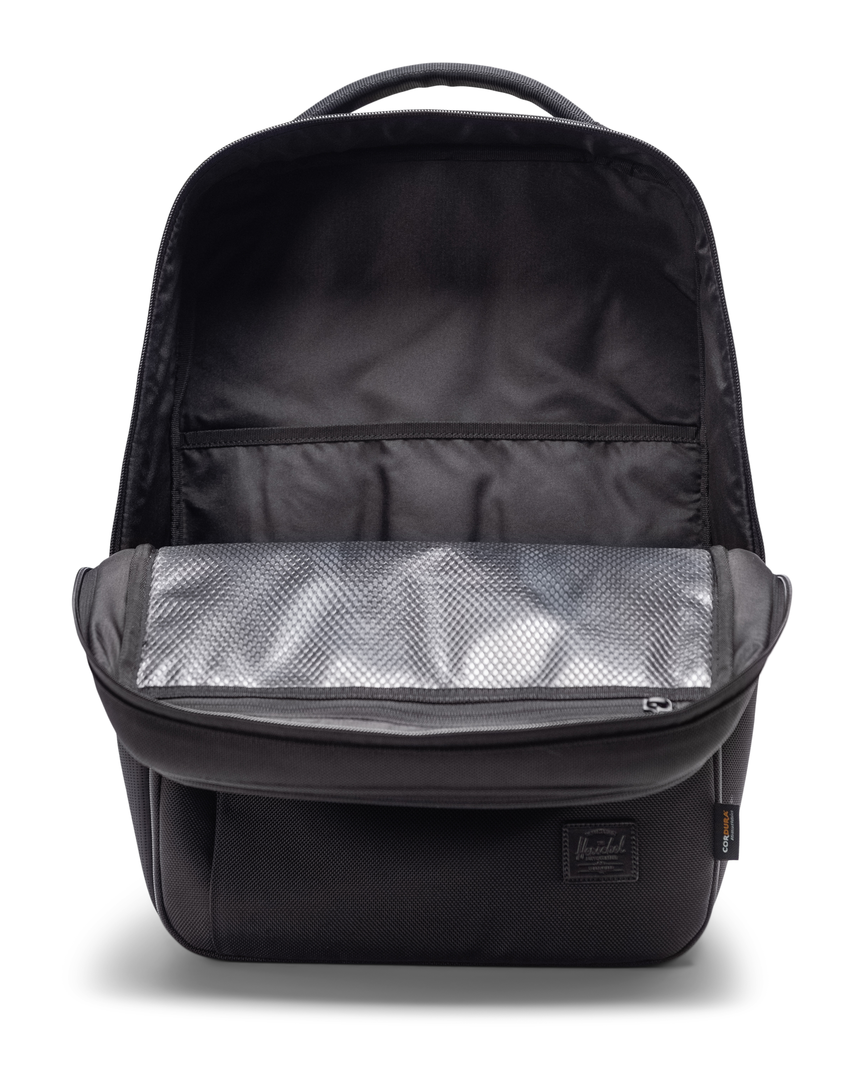 Herschel Kaslo Daypack Tech Cordura backpack showcasing its compartments and modern utility design features.