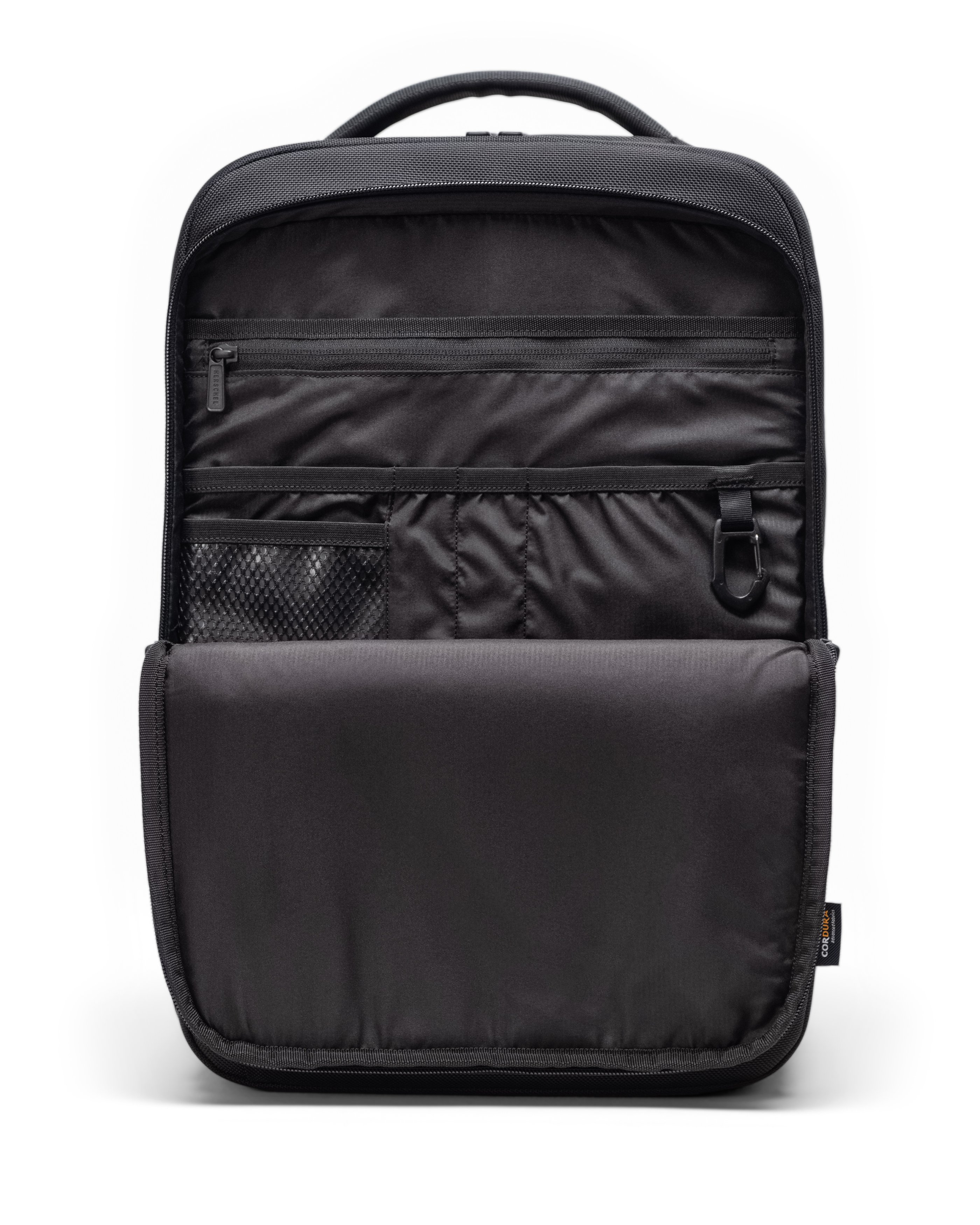 Herschel Supply Co. Kaslo Backpack Tech Cordura black colorway feature diagram showcasing the 30L storage capacity, tech compartments, and trolley sleeve.