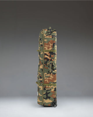 Herschel Heritage Golf Travel Wheelie Bag in Woodland Camo print, featuring wheels and a durable exterior design for protecting golf clubs.