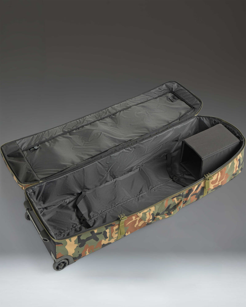 Herschel Supply Co Heritage Golf Travel Wheelie Bag in woodland camo pattern showing lifestyle or detailed product view.