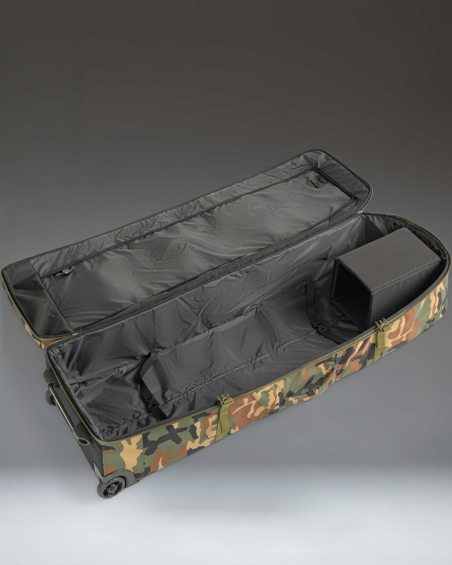 Herschel Supply Co Heritage Golf Travel Wheelie Bag in woodland camo pattern showing lifestyle or detailed product view.