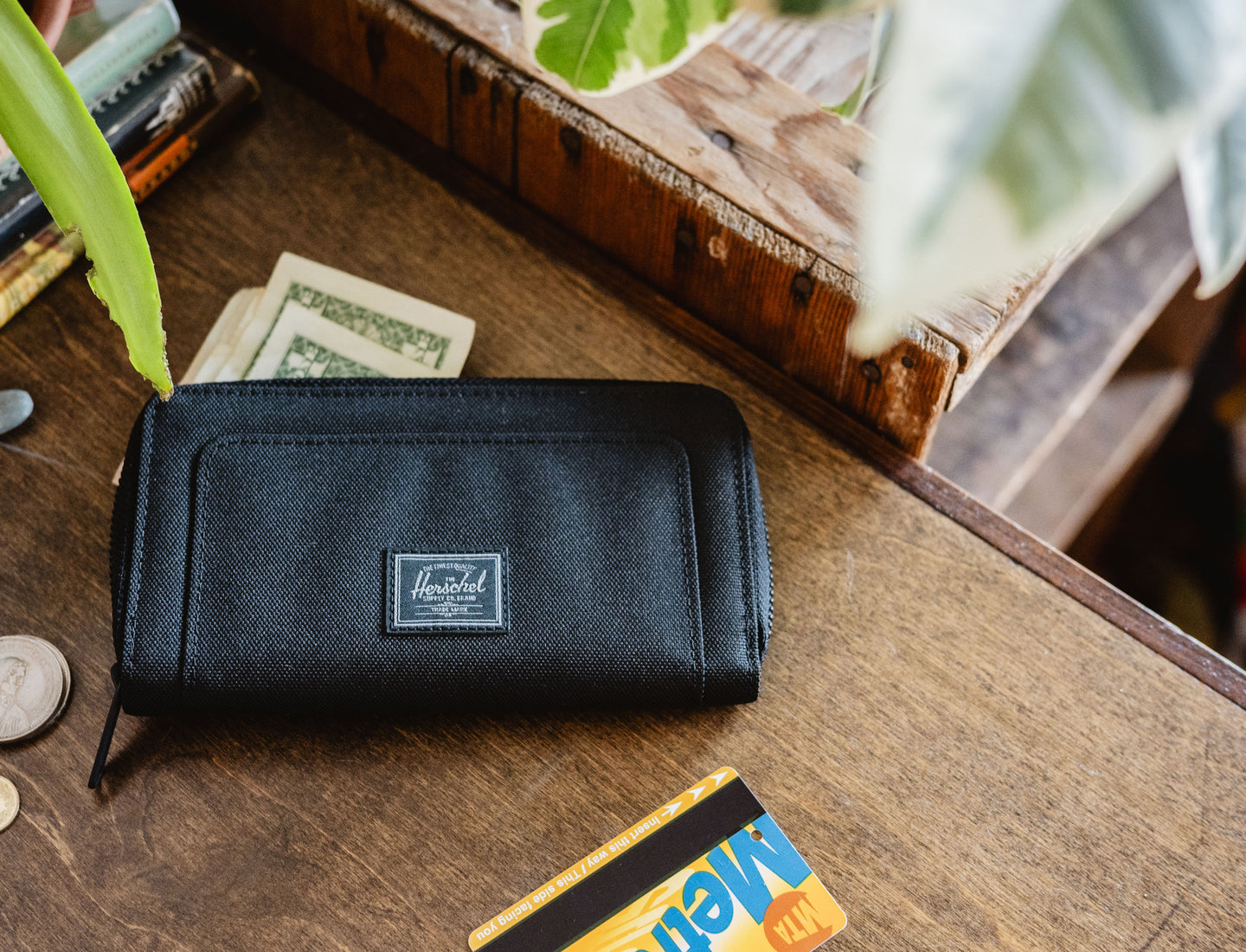 Herschel Supply Co. Thomas Wallet in Black Tonal displayed open to show internal card slots and compartments.