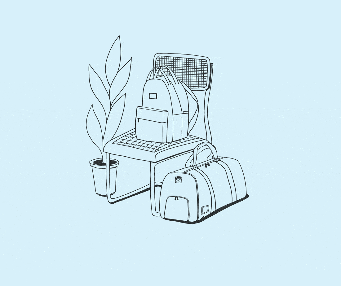 A line drawing of a backpack on a chair with a duffle bag on the ground next to it on the right and a plant to the left of the chair with a light blue background.