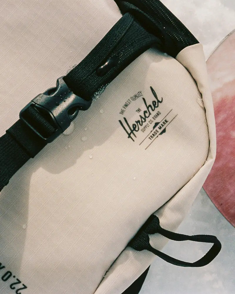 The All Season Backpack in Moonbeam on the snowy ground