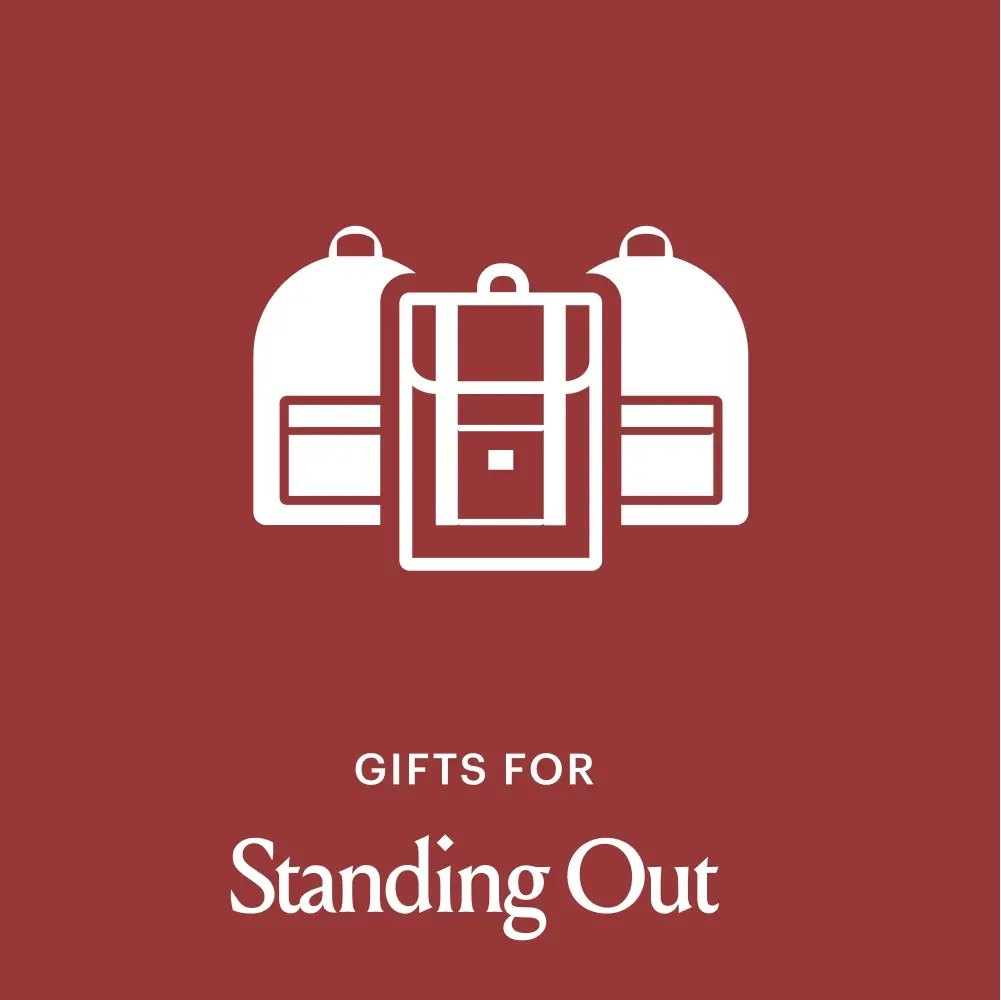 a red square with a backpack icon in the middle that say Gifts for Standing Out
