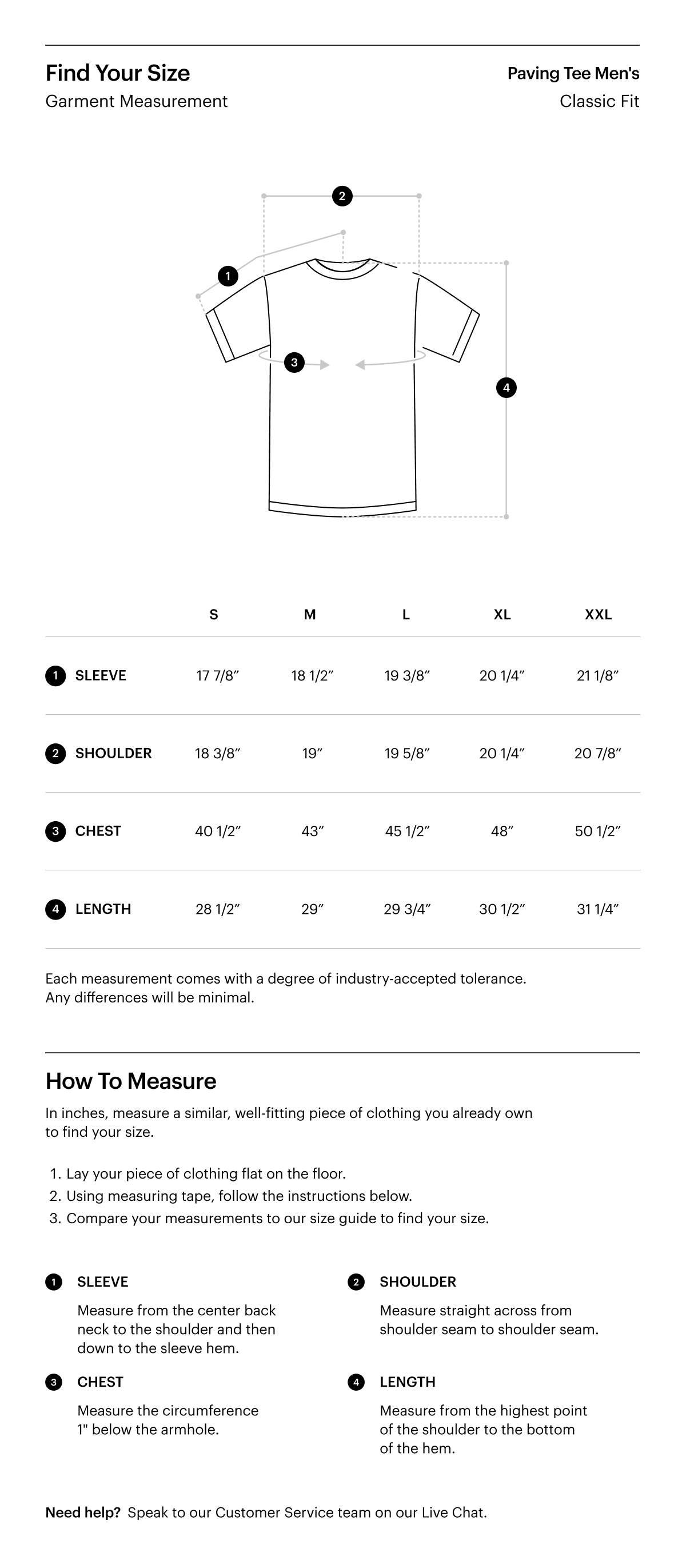 A size guide for the Paving Tee Men's